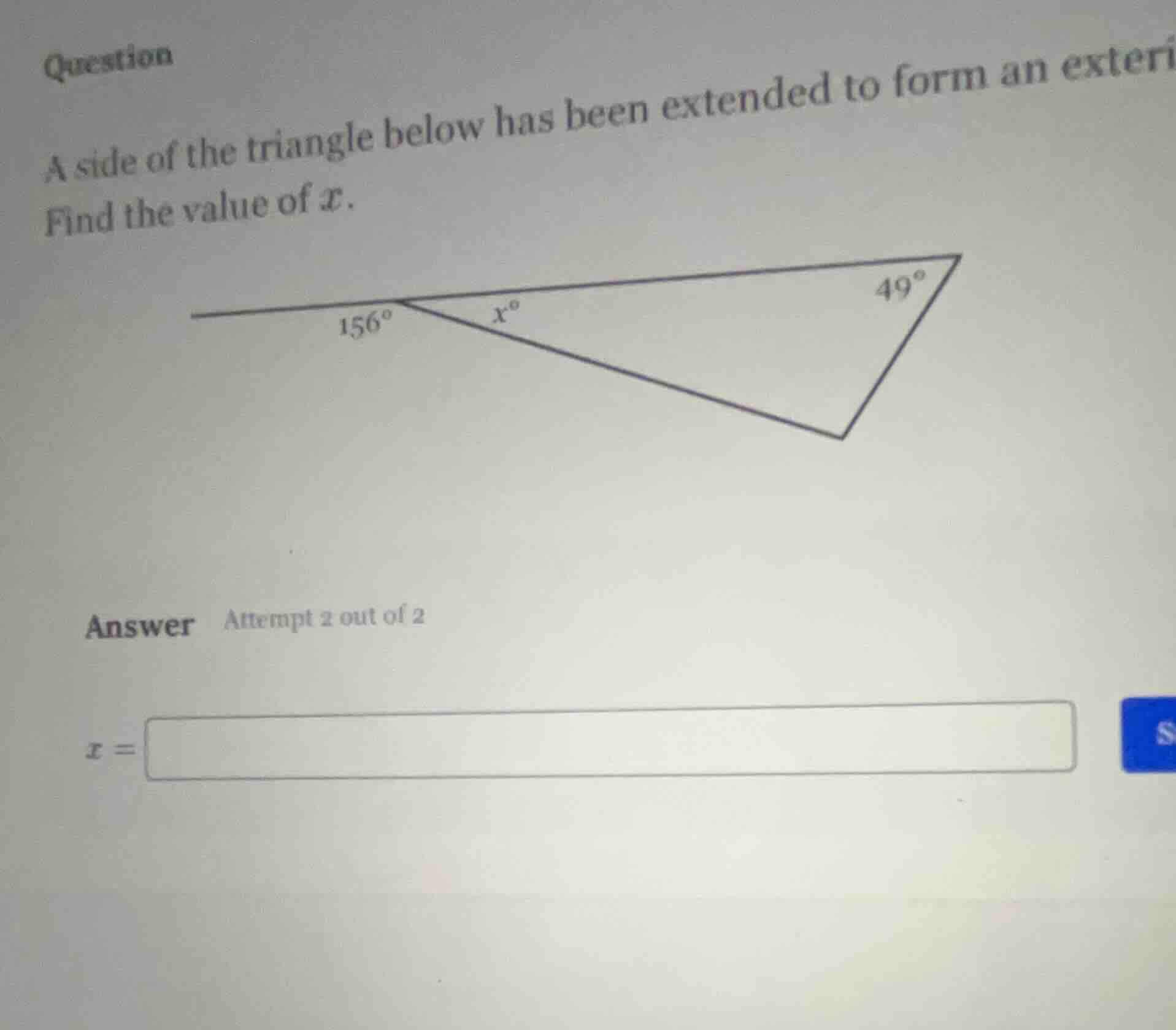 question a side of the triangle below has been extended to form an exte…