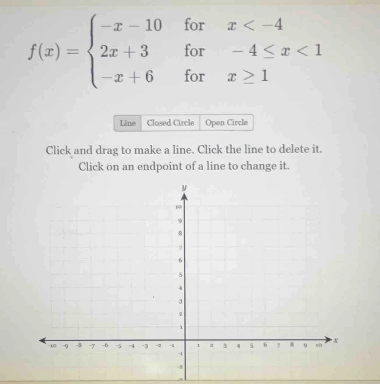 $f(x)=\\begin{cases} -x - 10 & \\text{for} & x < -4 \\\\ 2x + 3 & \\tex…