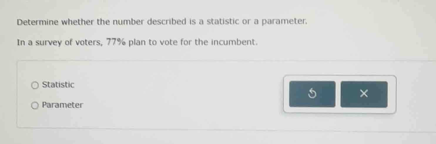 determine whether the number described is a statistic or a parameter. i…