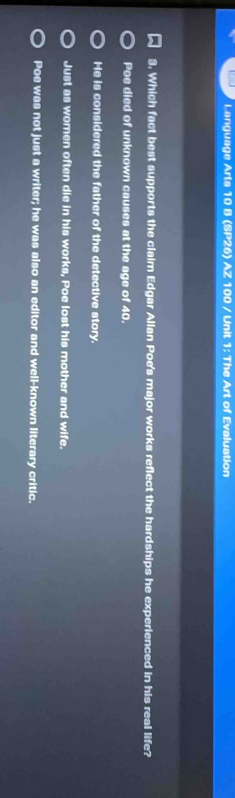 language arts 10 b (sp26) az 100 / unit 1: the art of evaluation 8. whi…