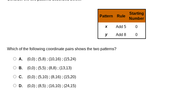 which of the following coordinate pairs shows the two patterns? a. (0,0…