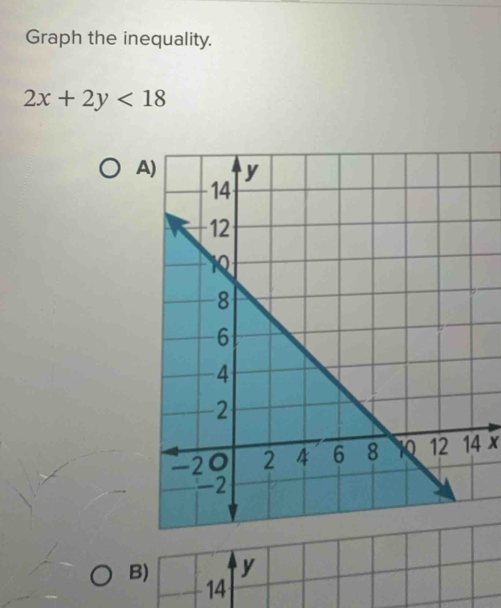 graph the inequality. $2x + 2y < 18$ a) b)