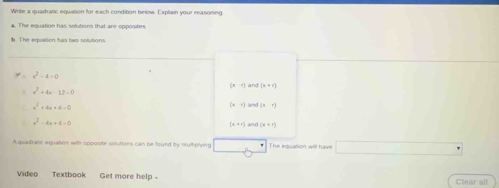 write a quadratic equation for each condition below. explain your reaso…