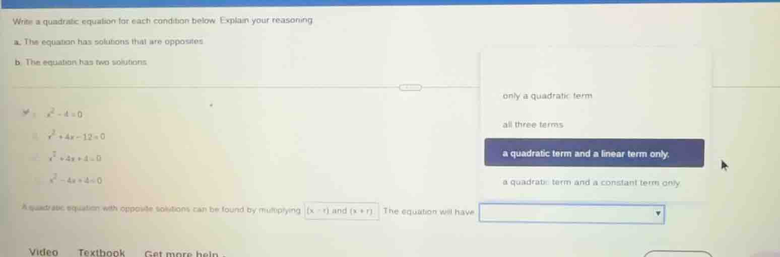 write a quadratic equation for each condition below. explain your reaso…