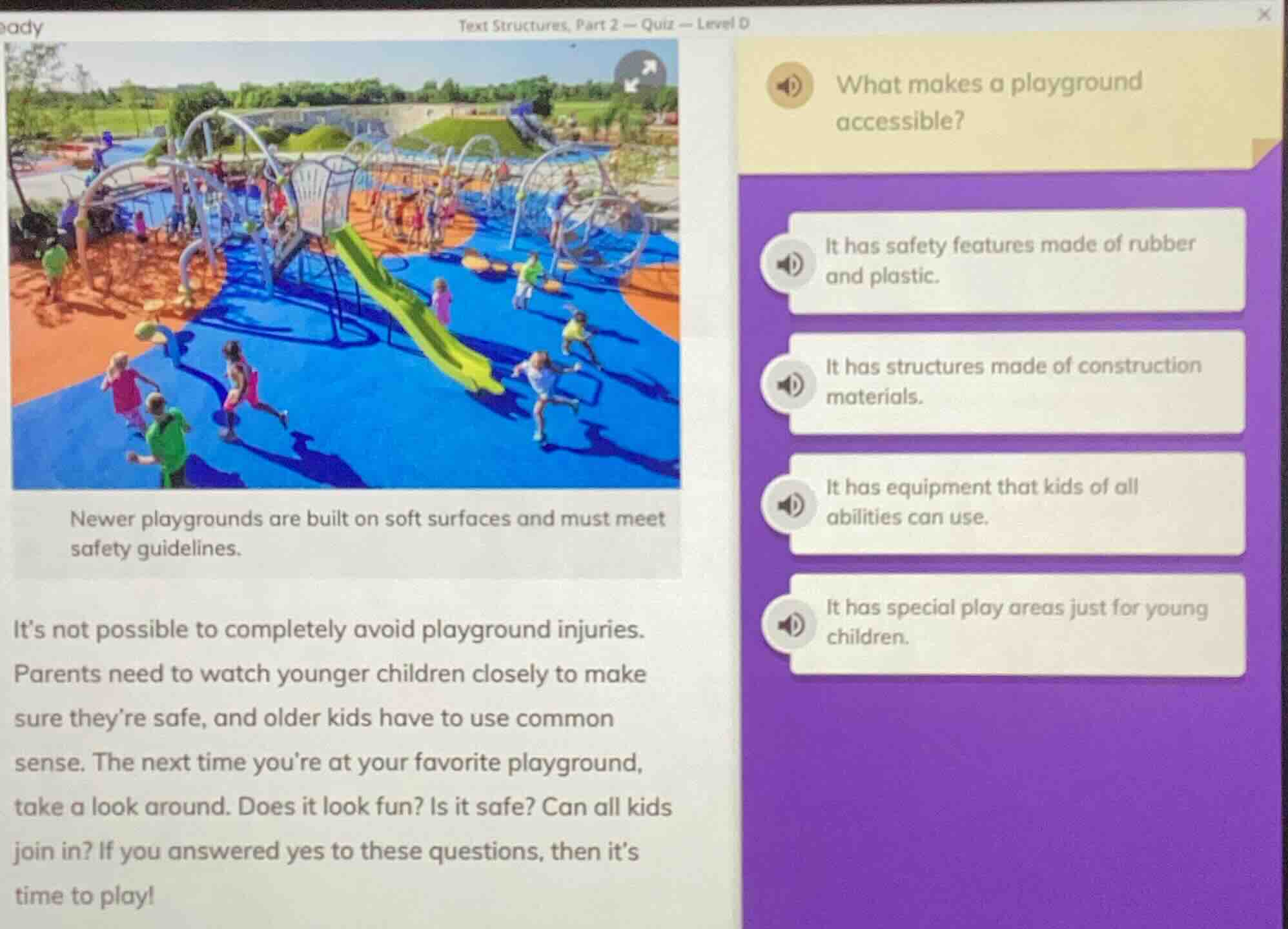 text structures, part 2 — quiz — level d newer playgrounds are built on…