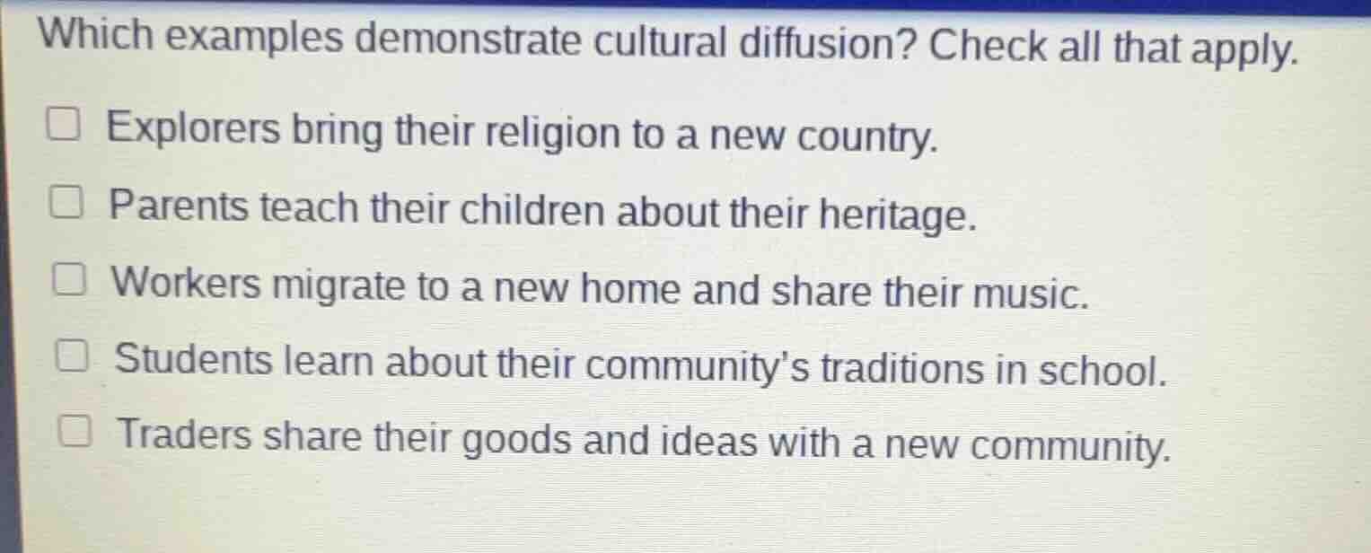 which examples demonstrate cultural diffusion? check all that apply. □ …