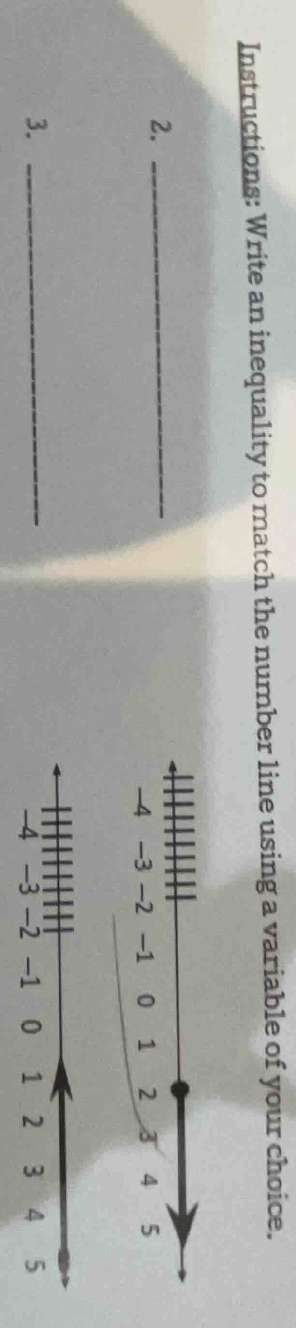 instructions: write an inequality to match the number line using a vari…
