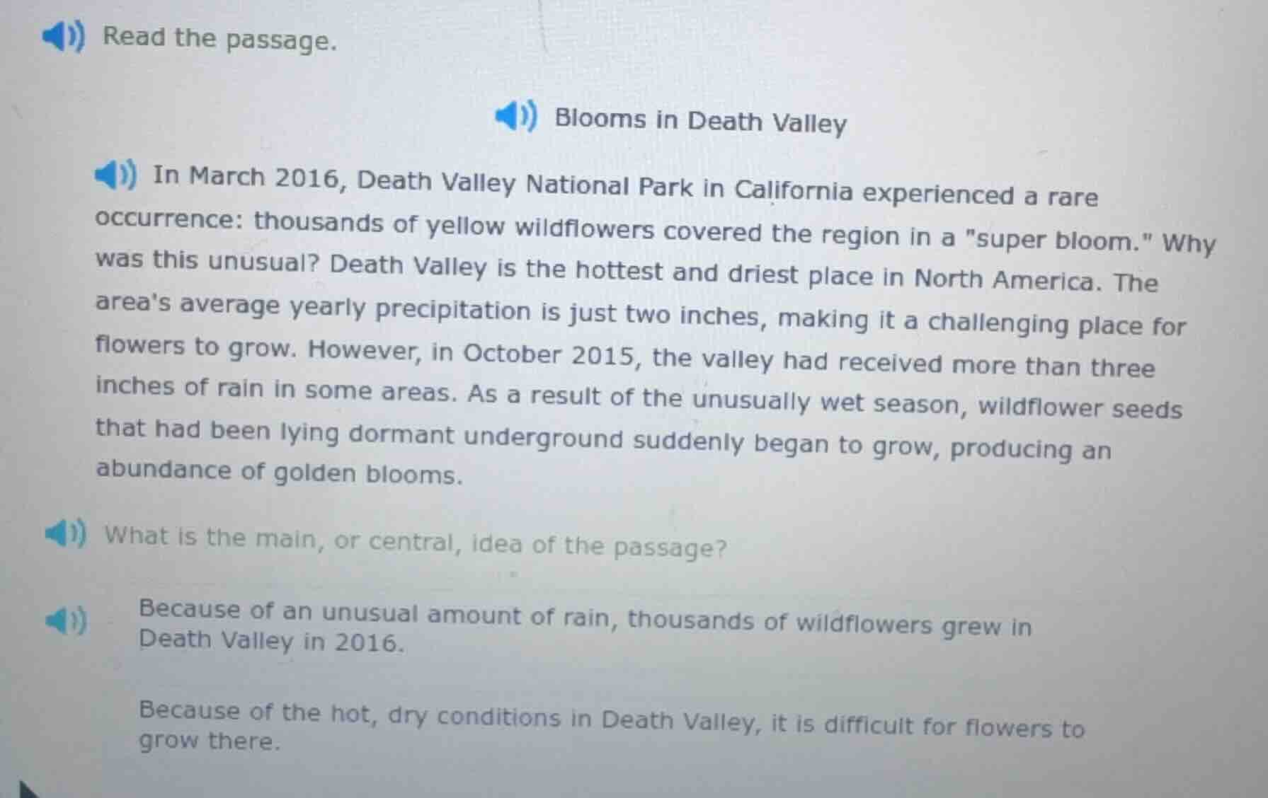 read the passage. blooms in death valley in march 2016, death valley na…