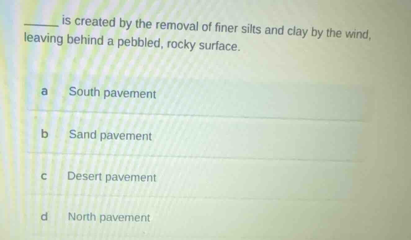 ______ is created by the removal of finer silts and clay by the wind, l…