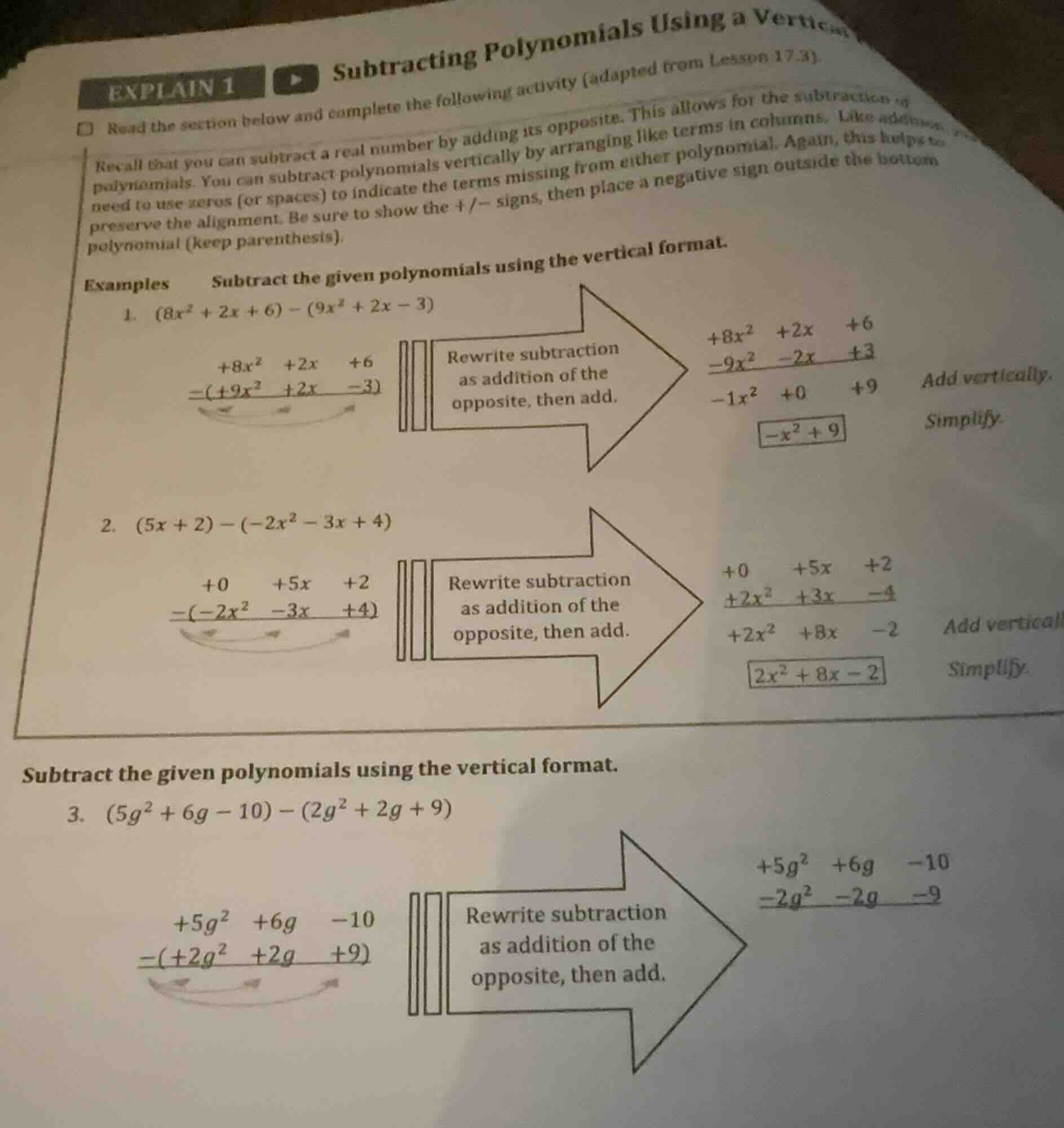 explain 1subtracting polynomials using a vertical□ read the section bel…