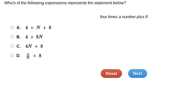 which of the following expressions represents the statement below? four…