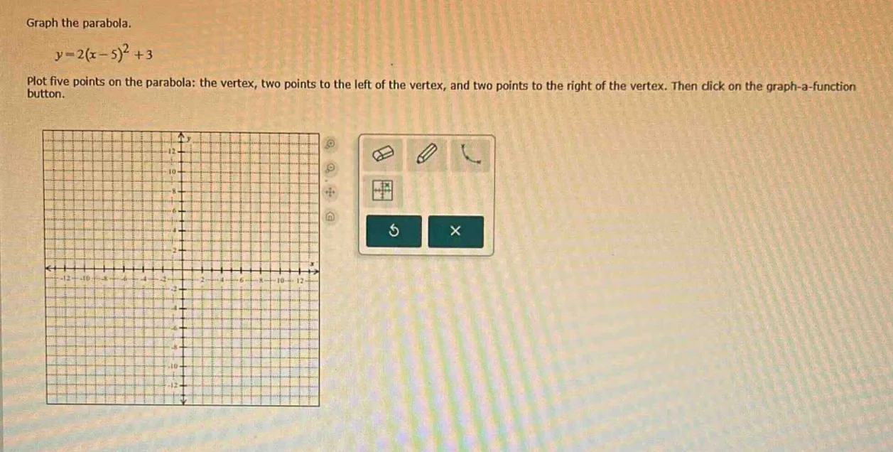 graph the parabola. $y=2(x-5)^2 + 3$ plot five points on the parabola: …