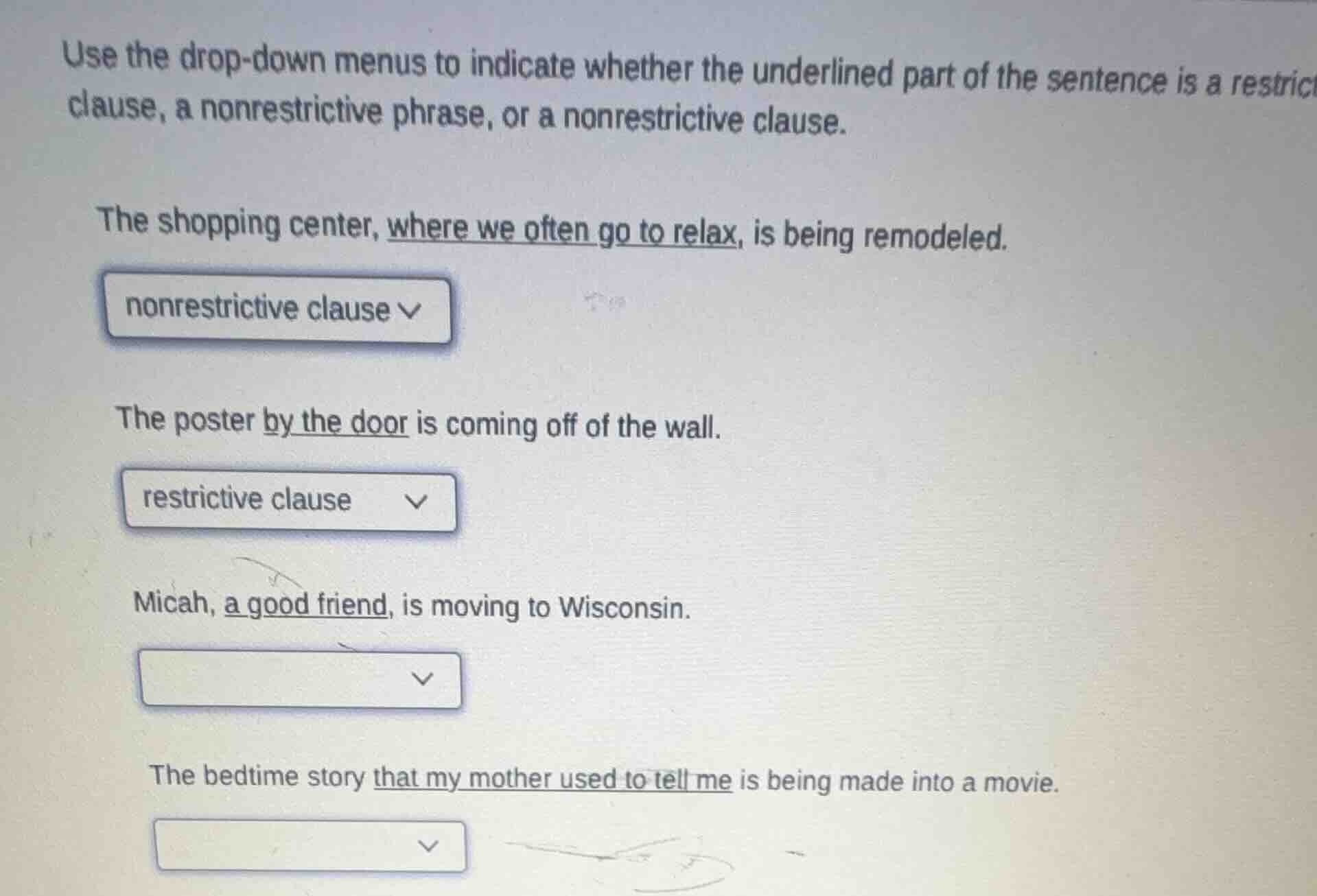 use the drop-down menus to indicate whether the underlined part of the …