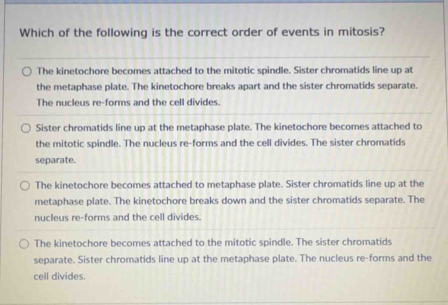which of the following is the correct order of events in mitosis?○ the …