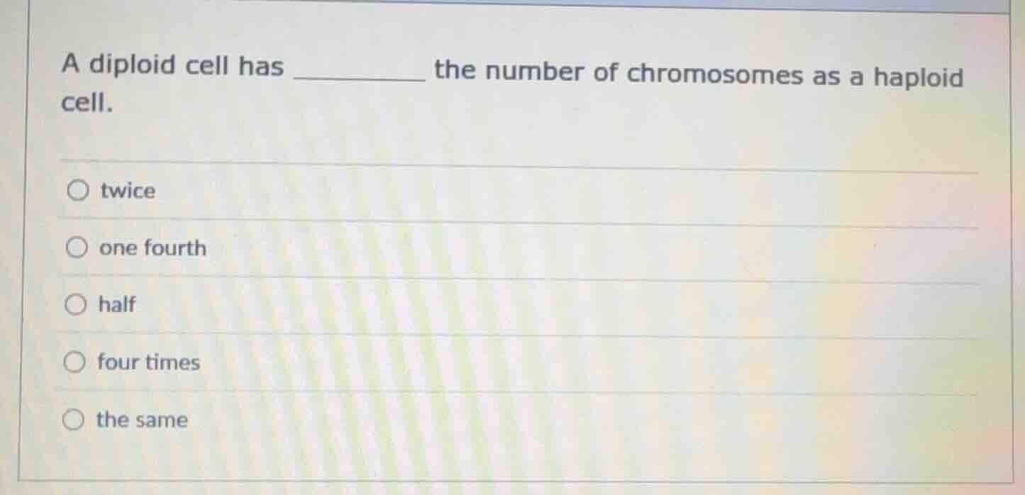 a diploid cell has _________ the number of chromosomes as a haploid cel…