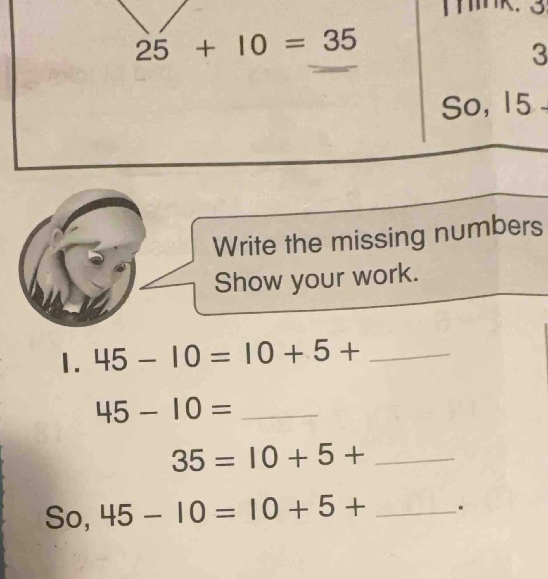 $25 + 10 = 35$ so, 15- write the missing numbers show your work. 1. $45…