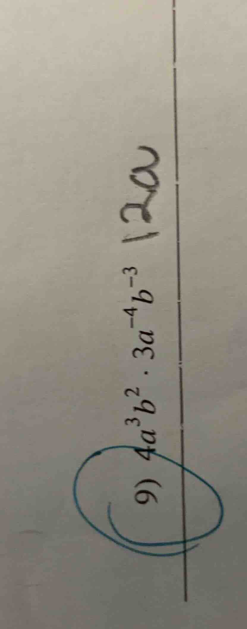 9) $4a^{3}b^{2} \\cdot 3a^{-4}b^{-3}$