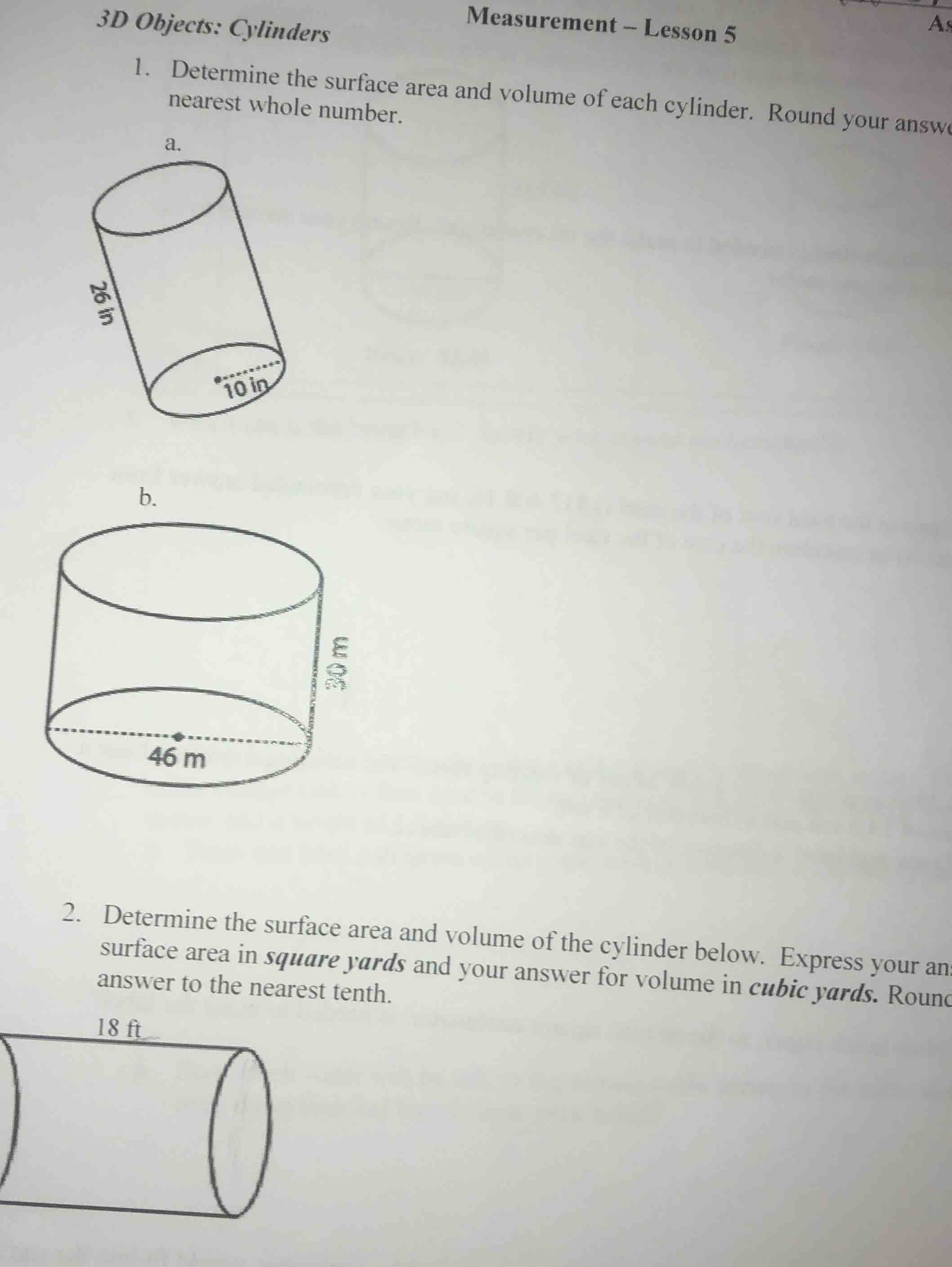 measurement – lesson 5 3d objects: cylinders 1. determine the surface a…