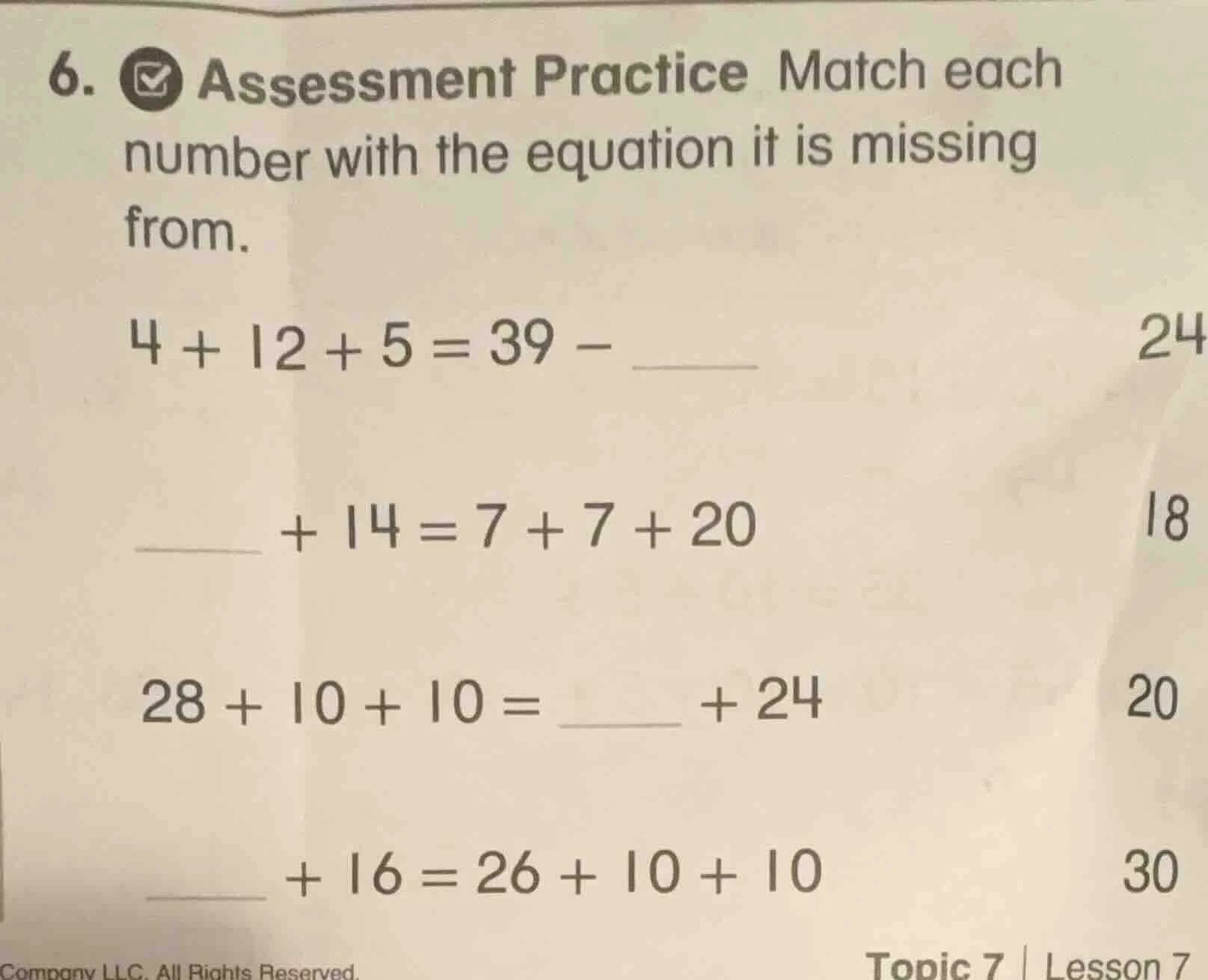 6. assessment practice match each number with the equation it is missin…