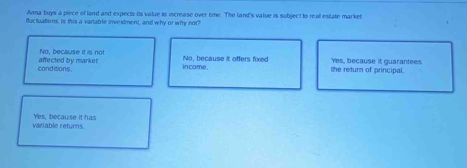 anna buys a piece of land and expects its value to increase over time. …