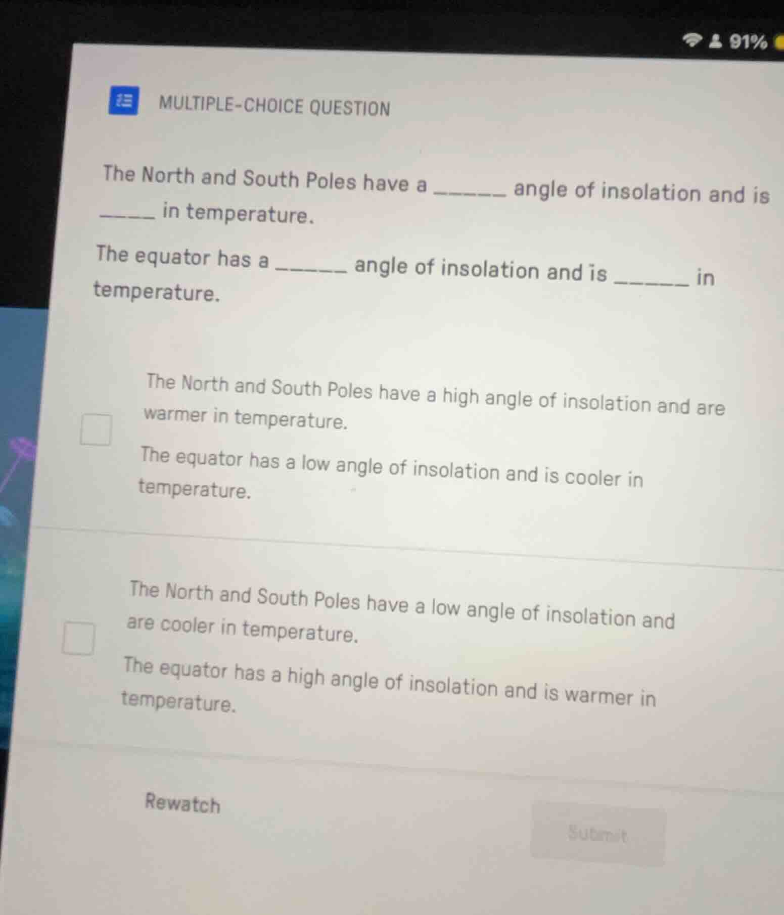 multiple-choice question the north and south poles have a ______ angle …