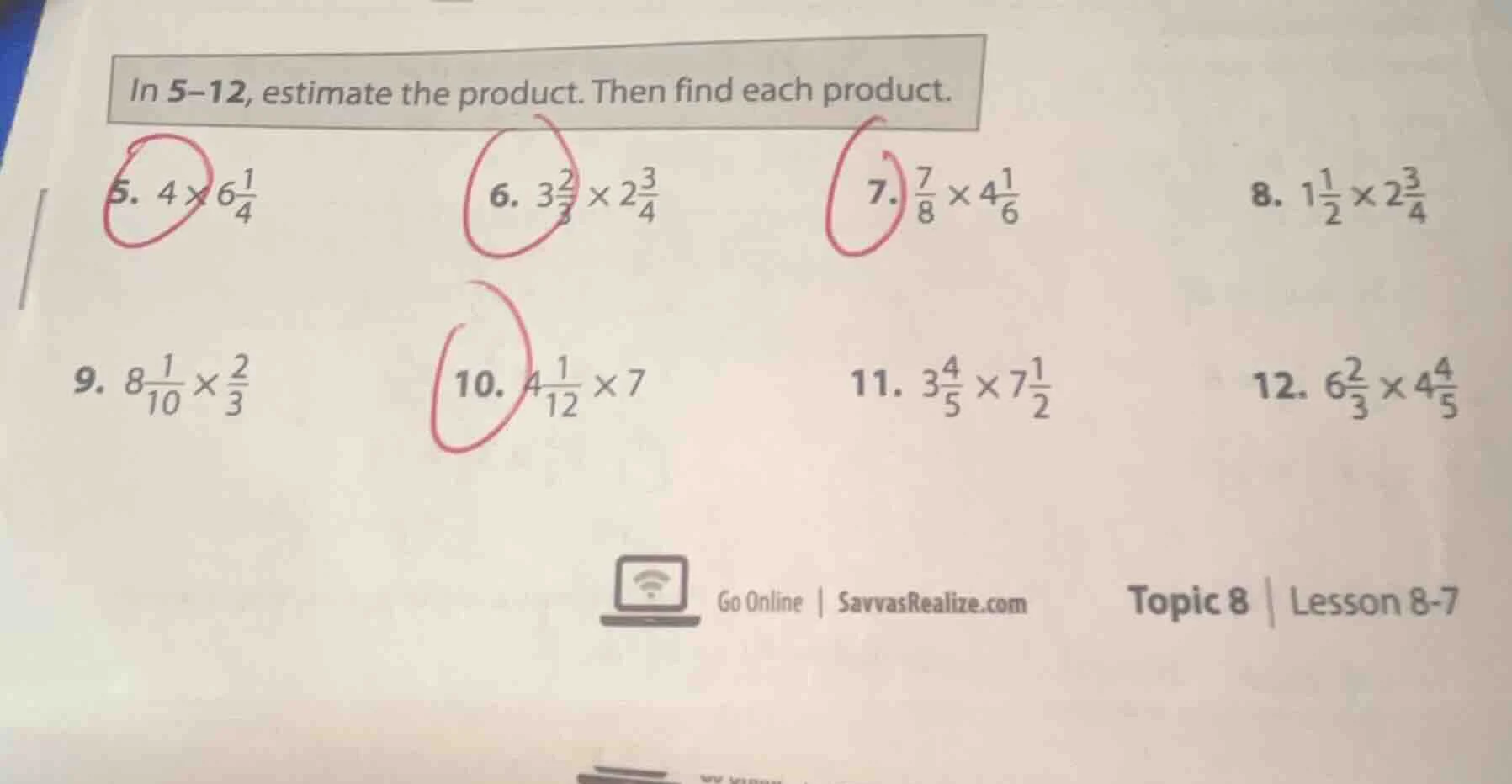 in 5-12, estimate the product. then find each product. 5. $4×6\\frac{1}…