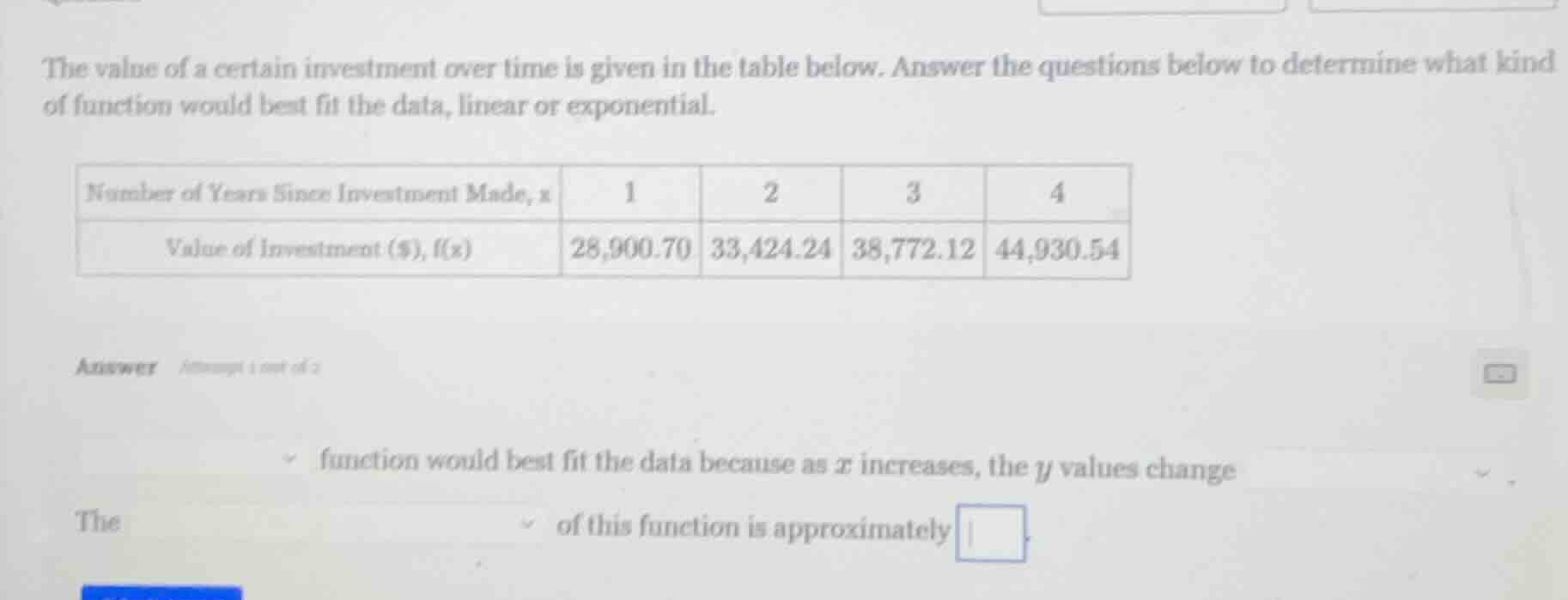 the value of a certain investment over time is given in the table below…
