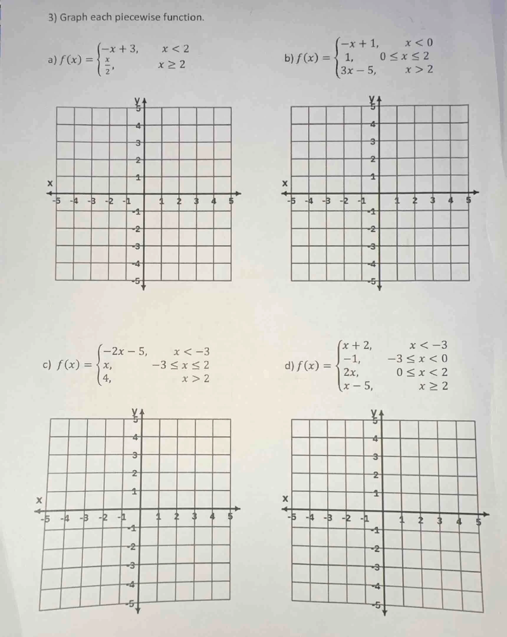 3) graph each piecewise function. a) $f(x)=\\begin{cases}-x + 3, & x < …
