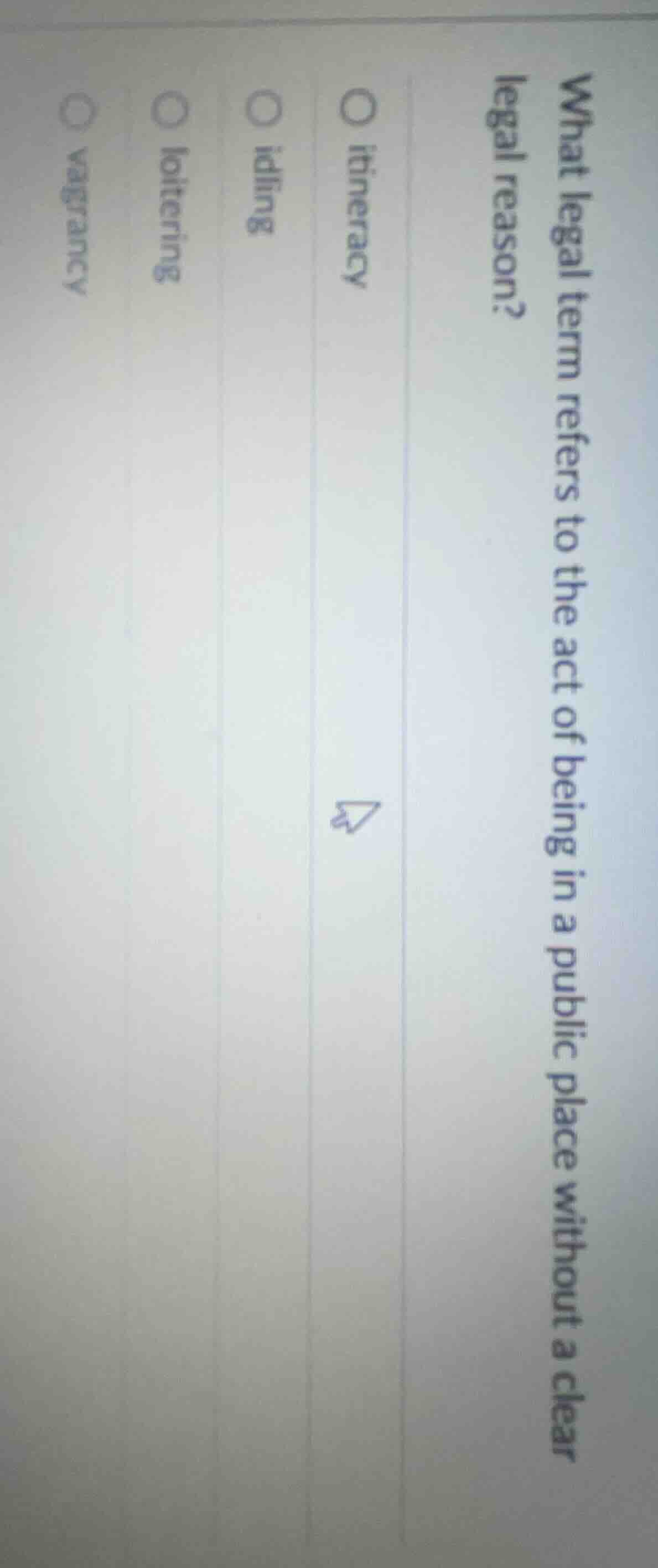 what legal term refers to the act of being in a public place without a …