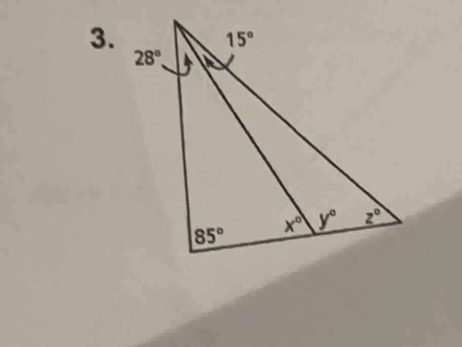 3. 28° 15° 85° $x^\\circ$ $y^\\circ$ $z^\\circ$