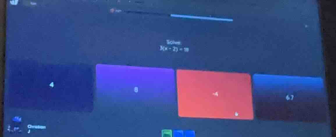 solve: $3(x - 2) = 18$ options: 4, 8, -4, 6.7