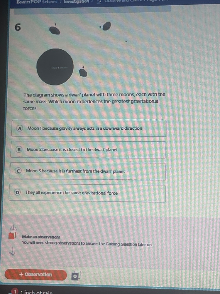 6 the diagram shows a dwarf planet with three moons, each with the same…