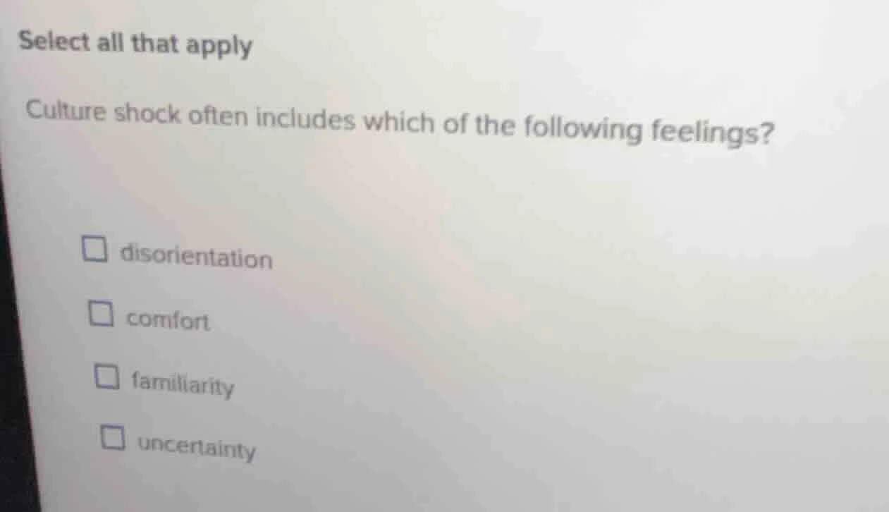 select all that apply culture shock often includes which of the followi…