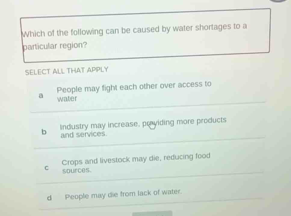 which of the following can be caused by water shortages to a particular…