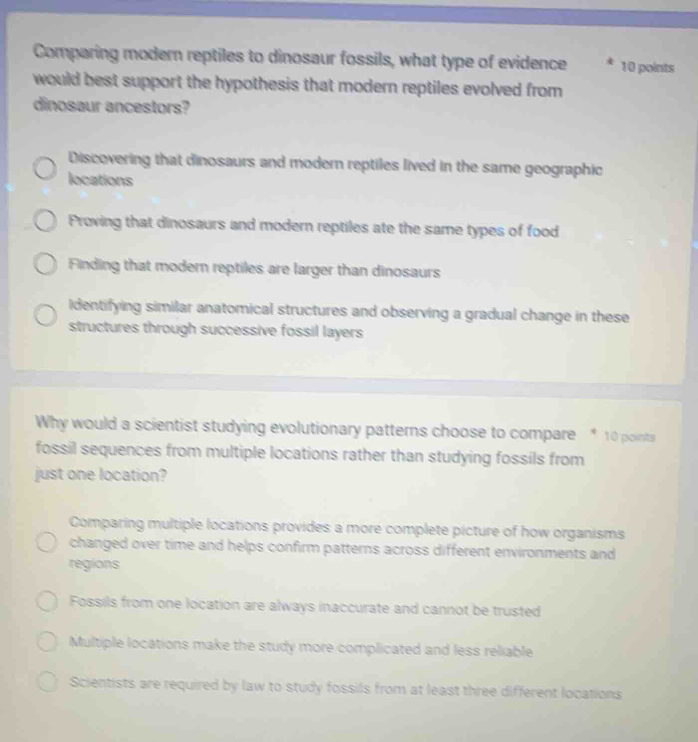 * 10 points comparing modern reptiles to dinosaur fossils, what type of…