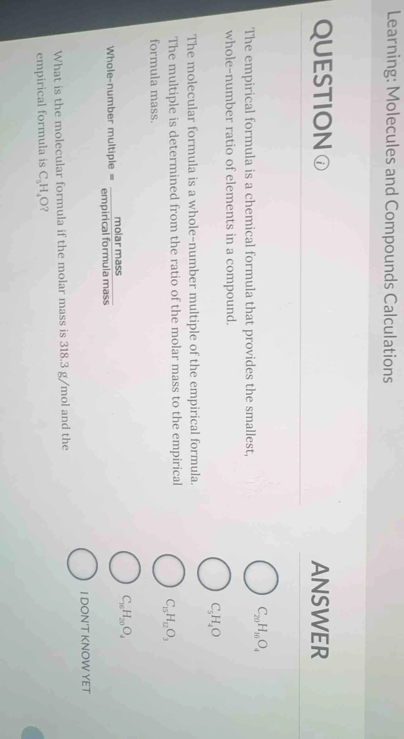 learning: molecules and compounds calculationsquestion ⓘthe empirical f…