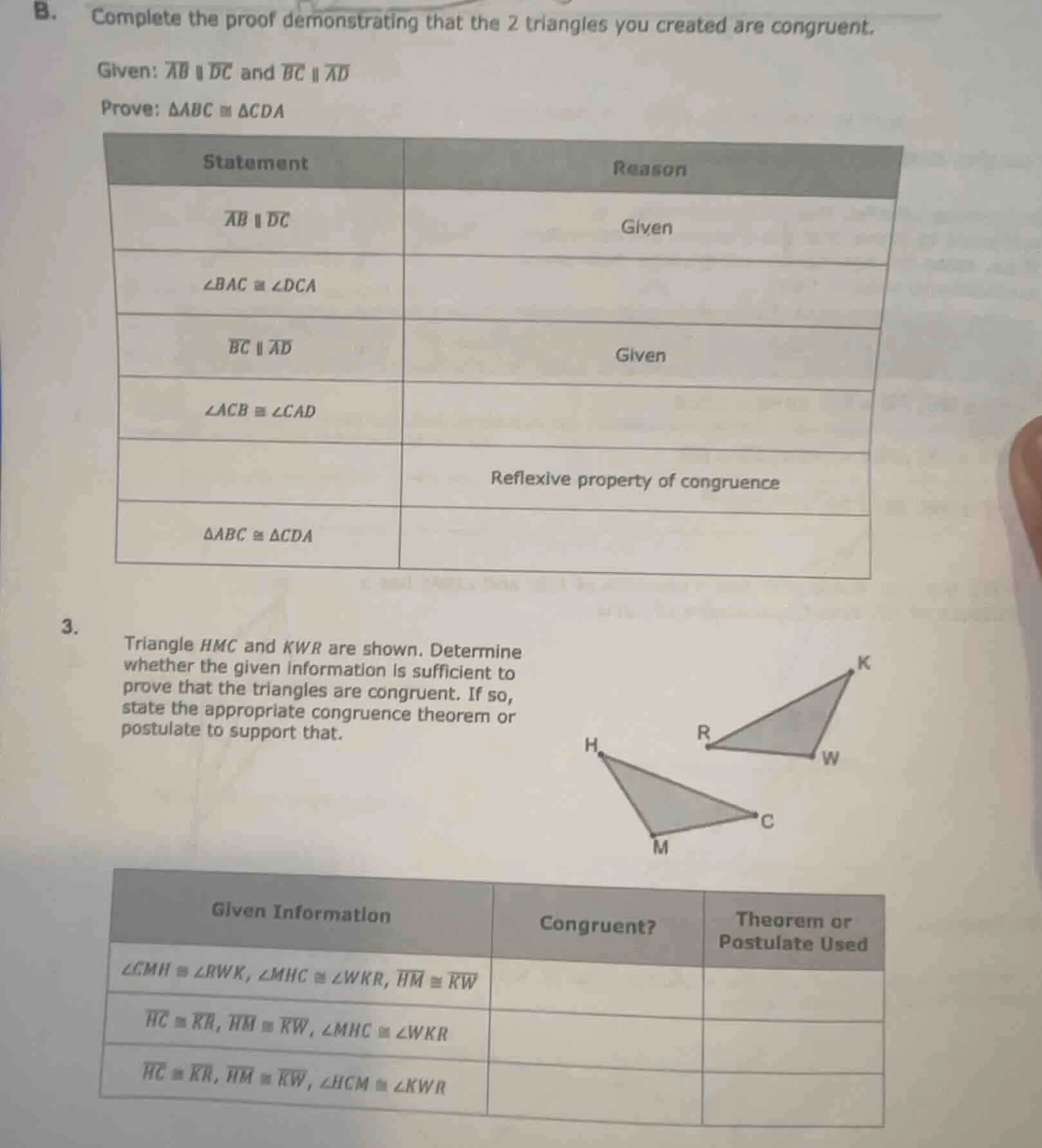 b. complete the proof demonstrating that the 2 triangles you created ar…
