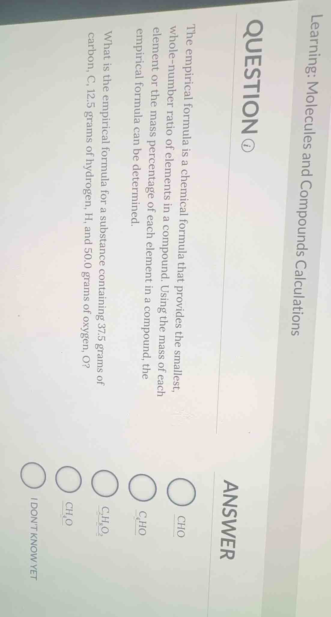 learning: molecules and compounds calculations question ⓘ the empirical…