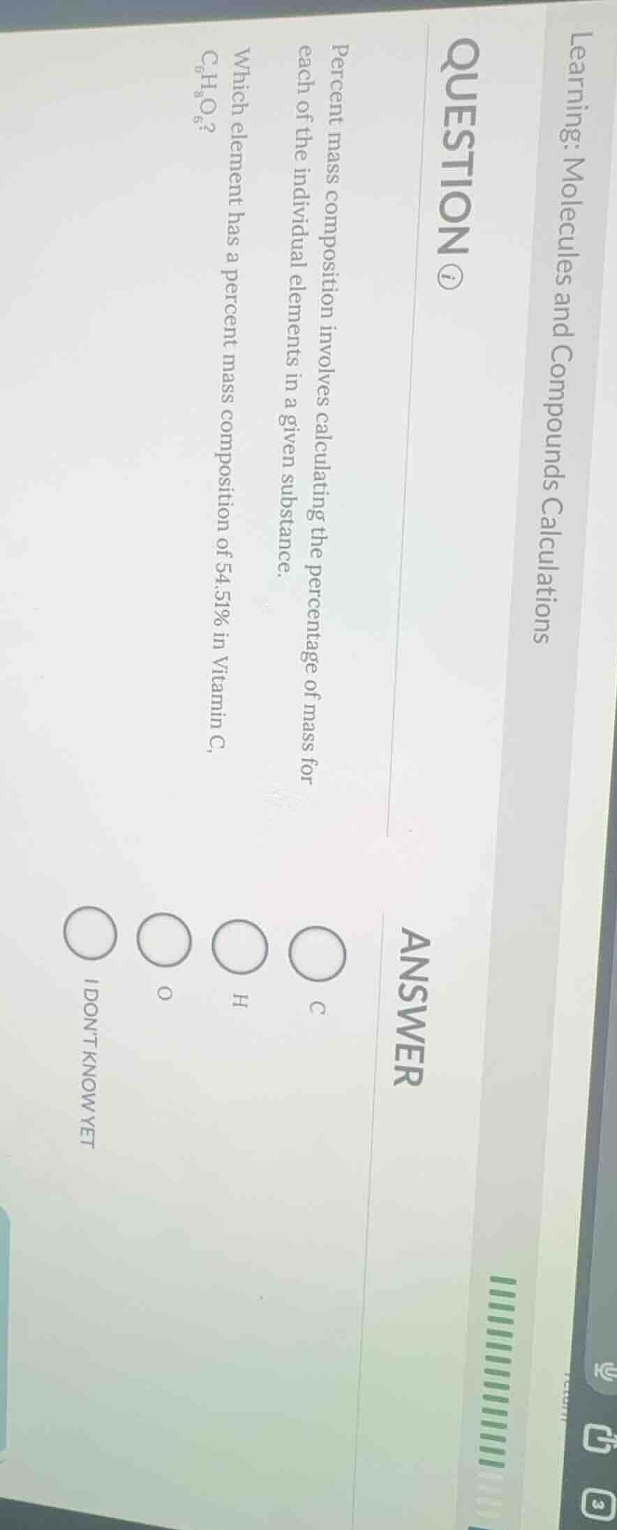 learning: molecules and compounds calculations question ⓘ percent mass …