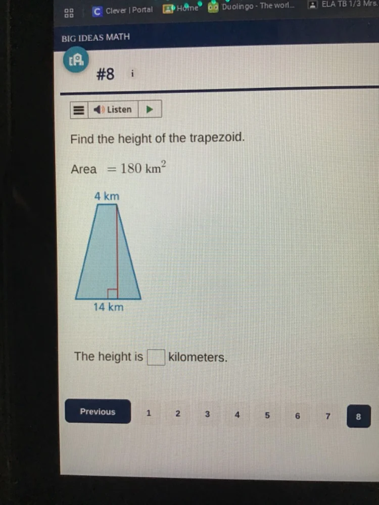 #8 listen find the height of the trapezoid. area $= 180 \\text{ km}^2$ …