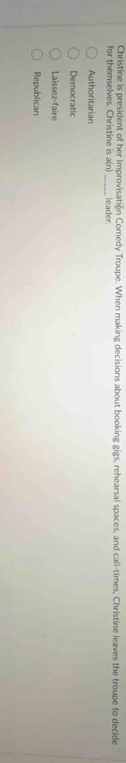 christine is president of her improvisation comedy troupe. when making …