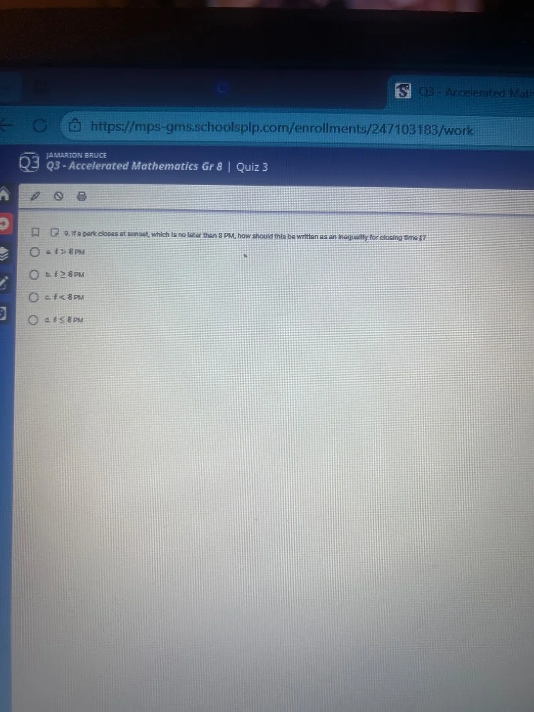 q3 - accelerated mathematics gr 8 | quiz 3 9. if a park closes at sunse…