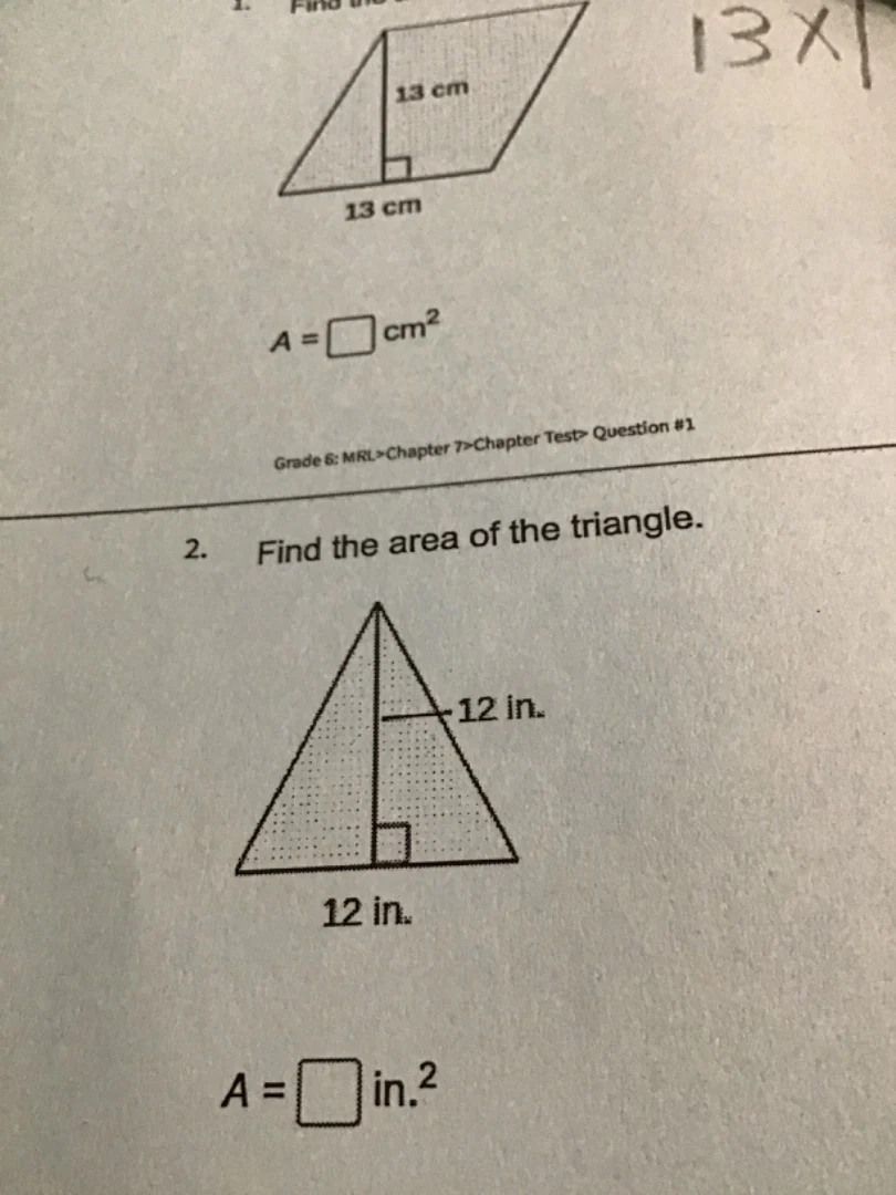 1. find the area of the parallelogram.13 cm13 cm$a = \\square$ $cm^{2}$…