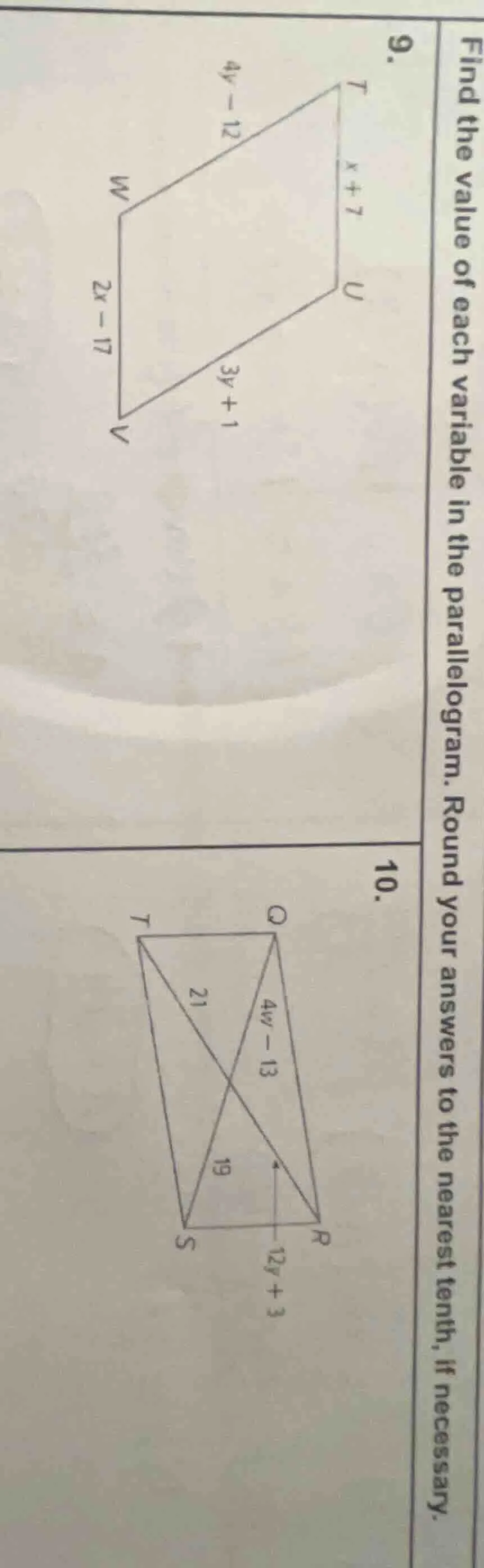 find the value of each variable in the parallelogram. round your answer…