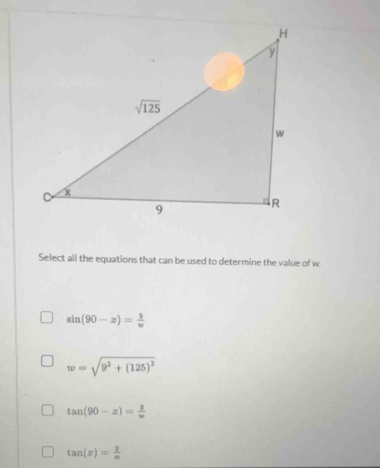 select all the equations that can be used to determine the value of w.$…