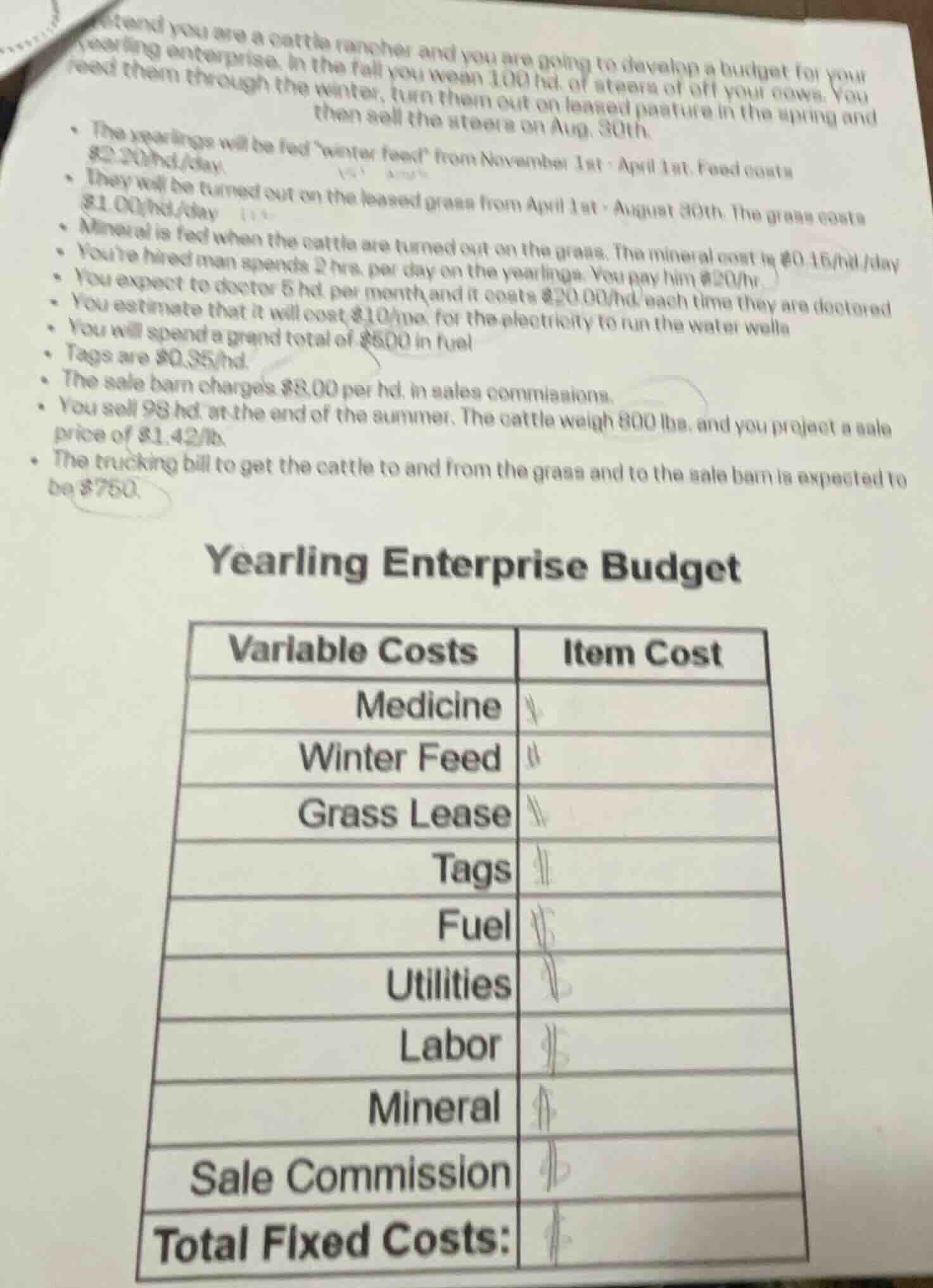 pretend you are a cattle rancher and you are going to develop a budget …