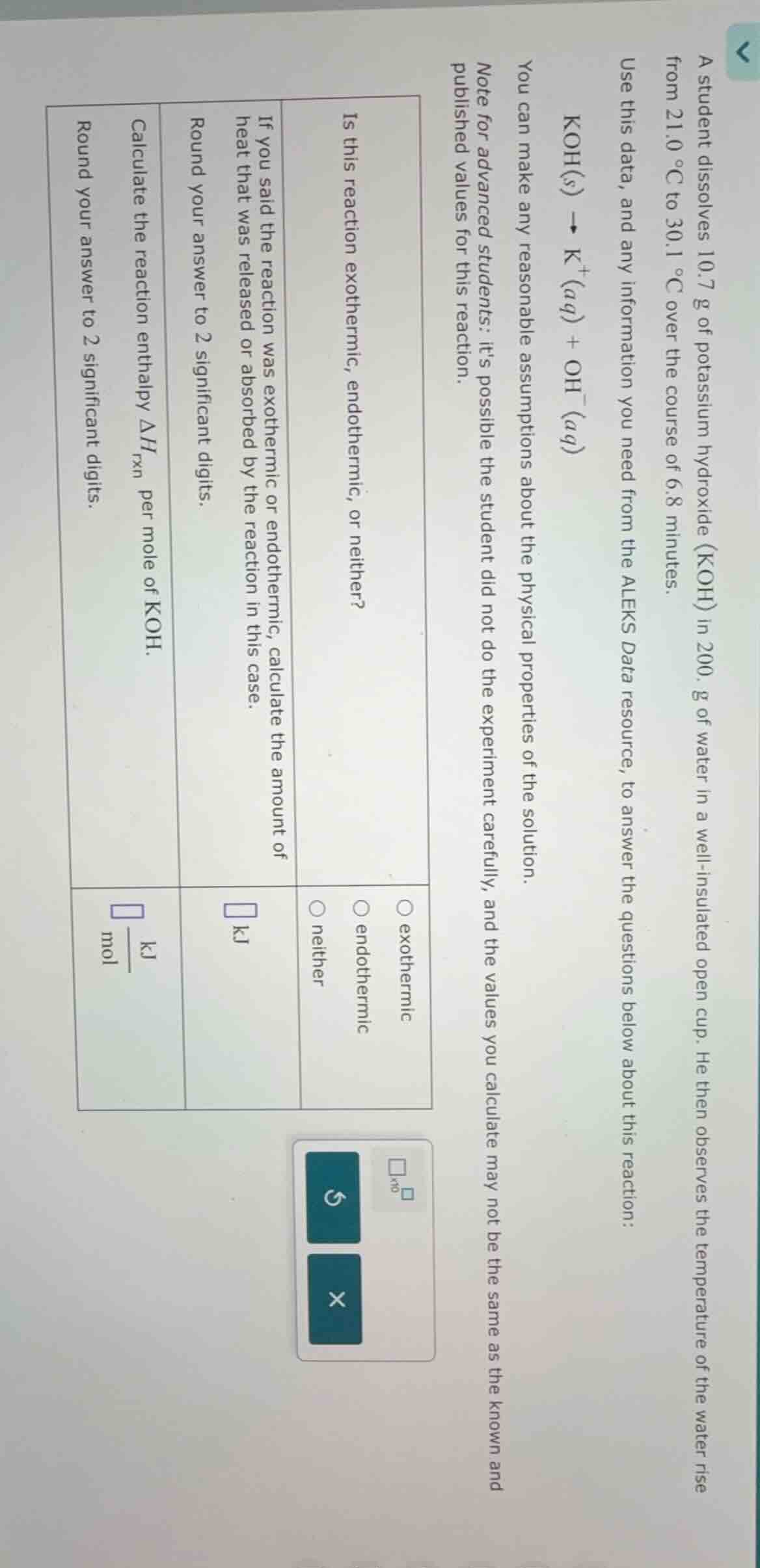 a student dissolves 10.7 g of potassium hydroxide (koh) in 200. g of wa…