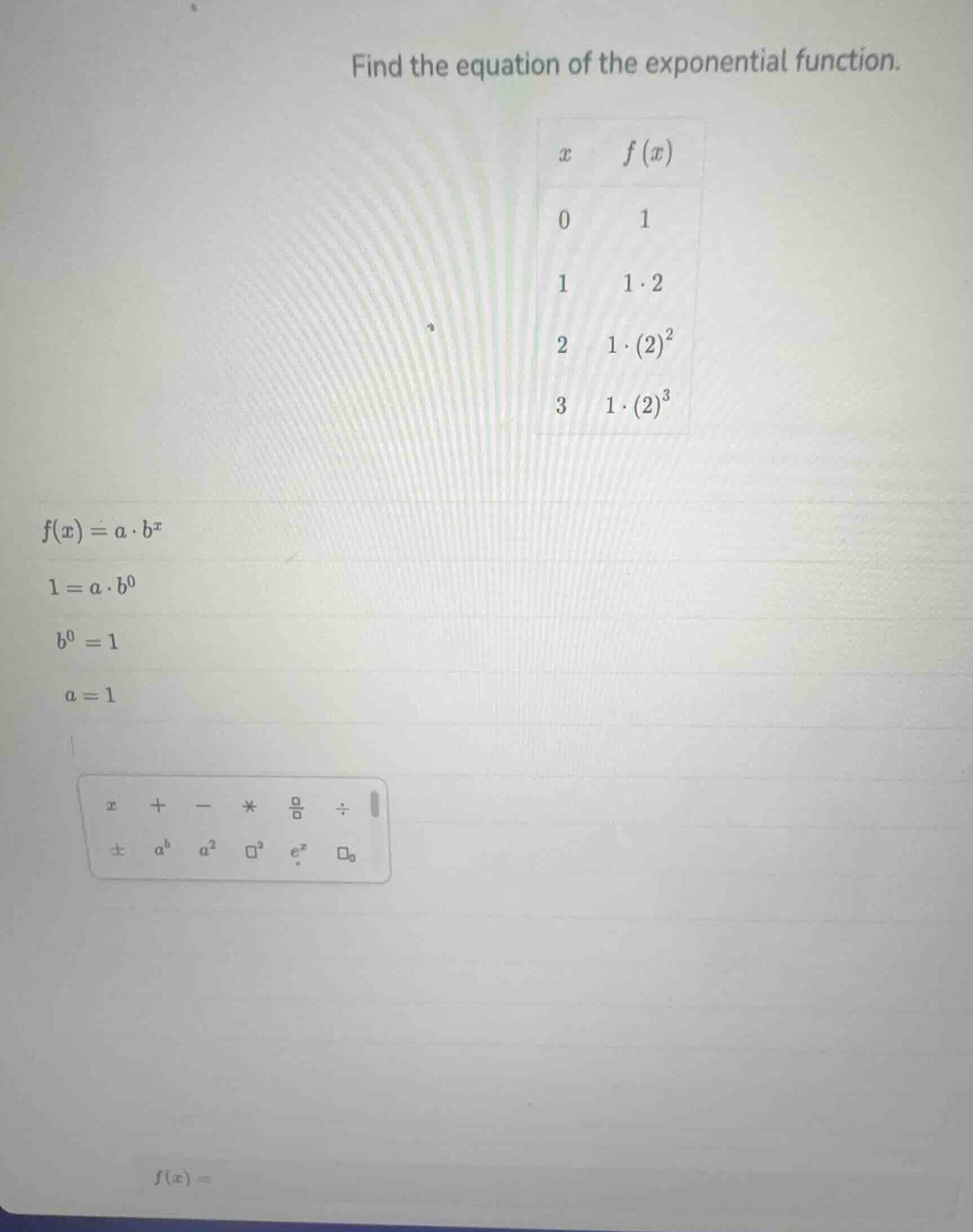 find the equation of the exponential function. | $x$ | $f(x)$ || --- | …