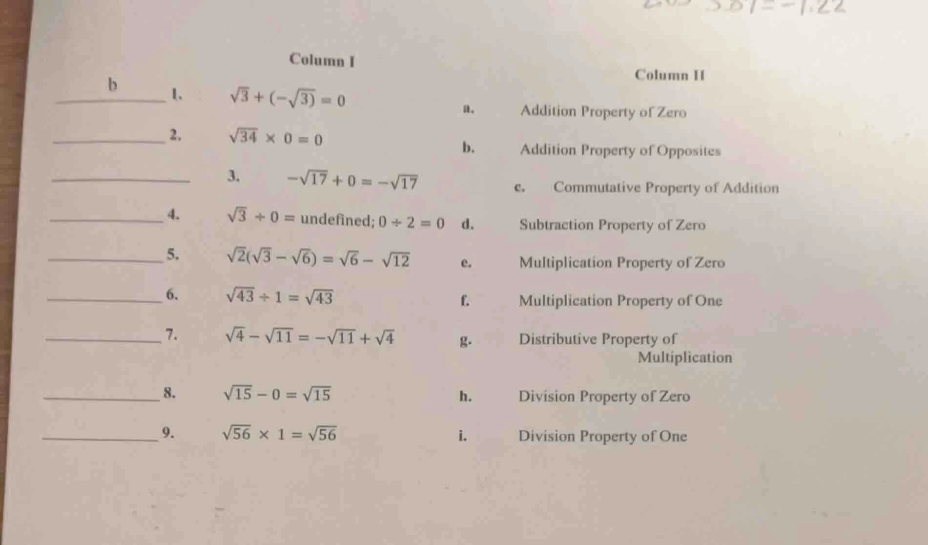column i column ii 1. $sqrt{3} + (-sqrt{3}) = 0$ 2. $sqrt{34} \\times 0…