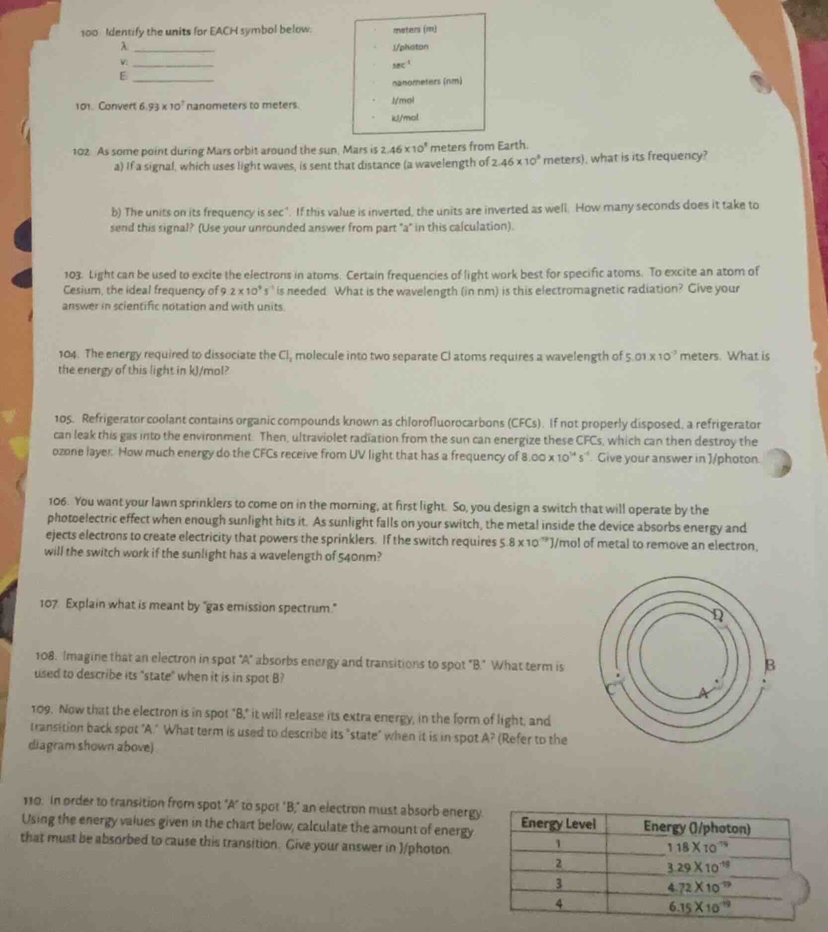 100. identify the units for each symbol below:λ _________ν _________e _…